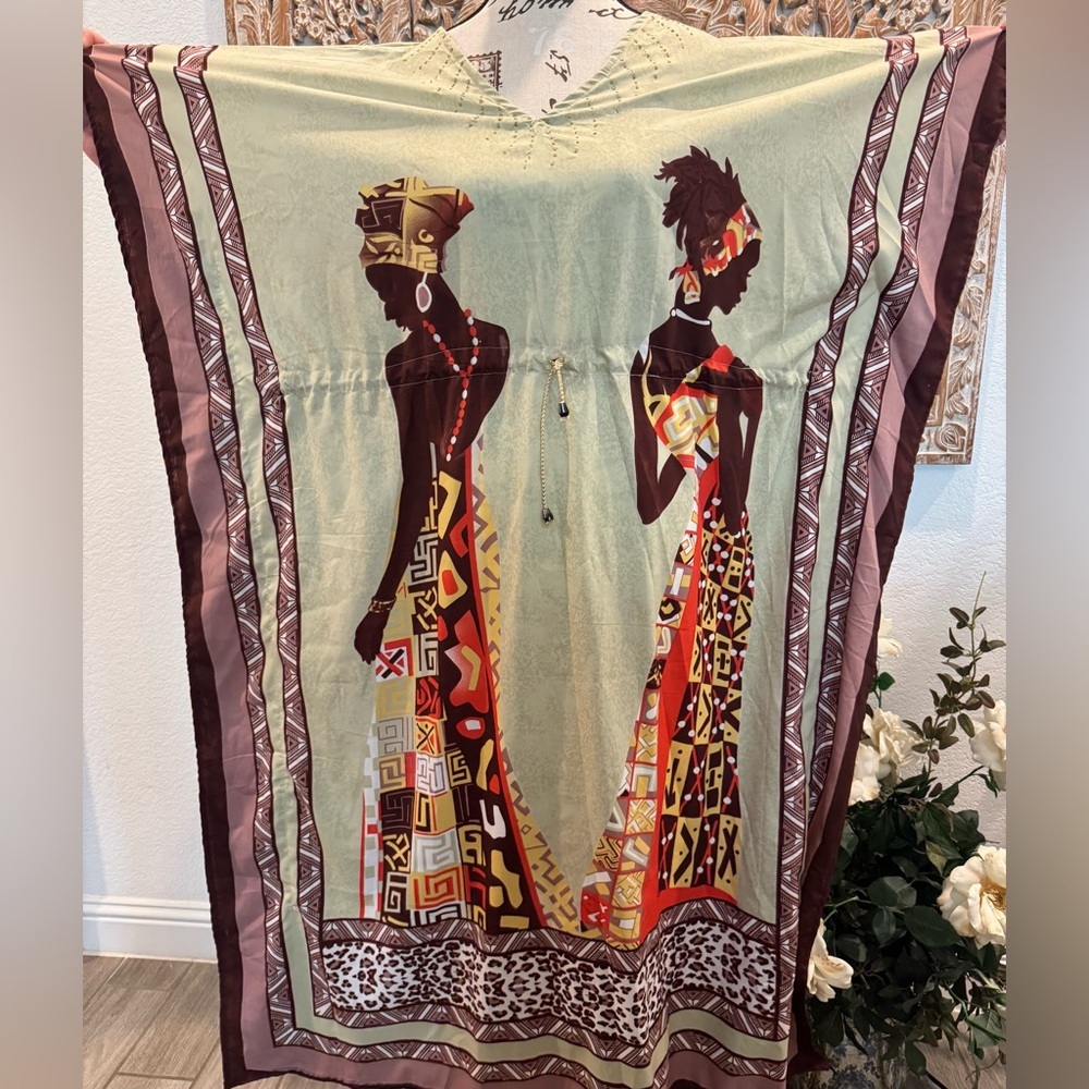 Shore Drive Free Size Kaftan Maxi Dress, Adjustable Pull Tie Waist - Picture 6 of 16